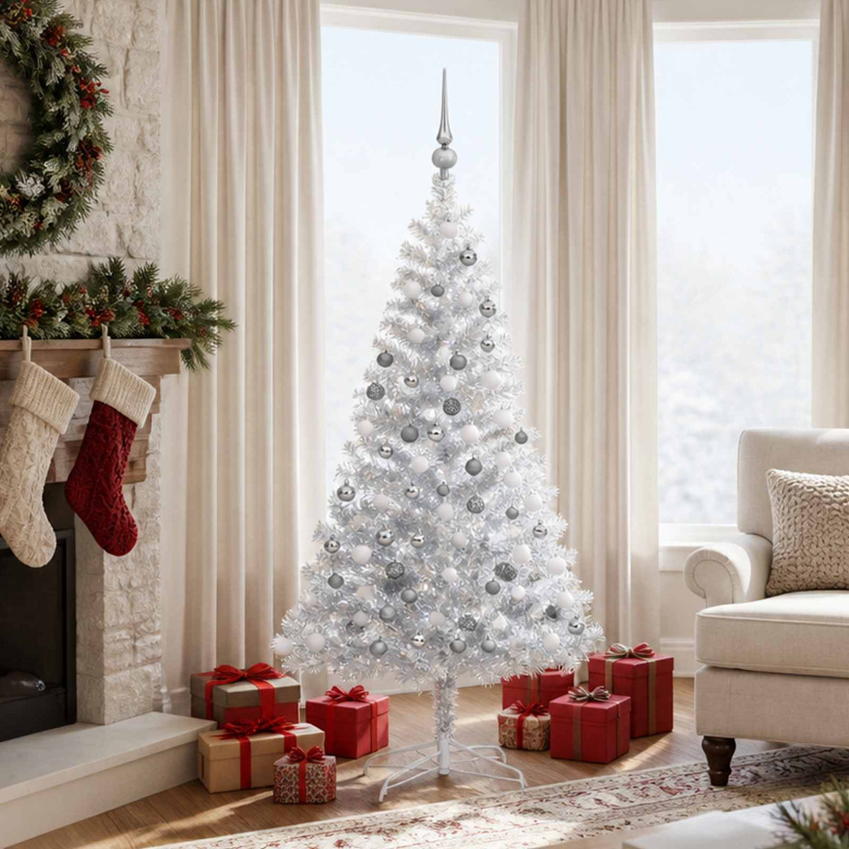 Kunstkerstboom met verlichting en kerstballen 150 cm PET zilver is nu te koop bij PeponiXL, paradijselijk wonen!