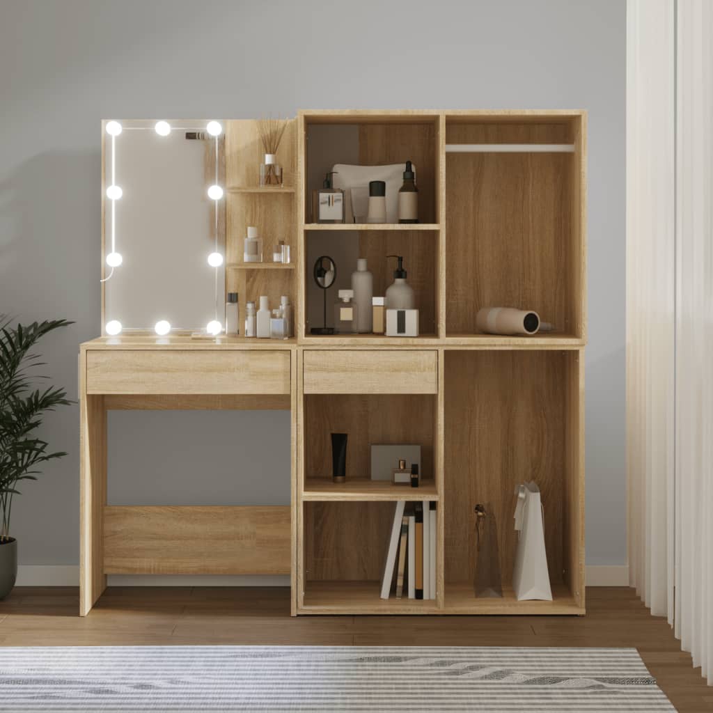 Kaptafel met 2kastjes en LED's bewerkt hout sonoma eikenkleurig is nu te koop bij PeponiXL, paradijselijk wonen!