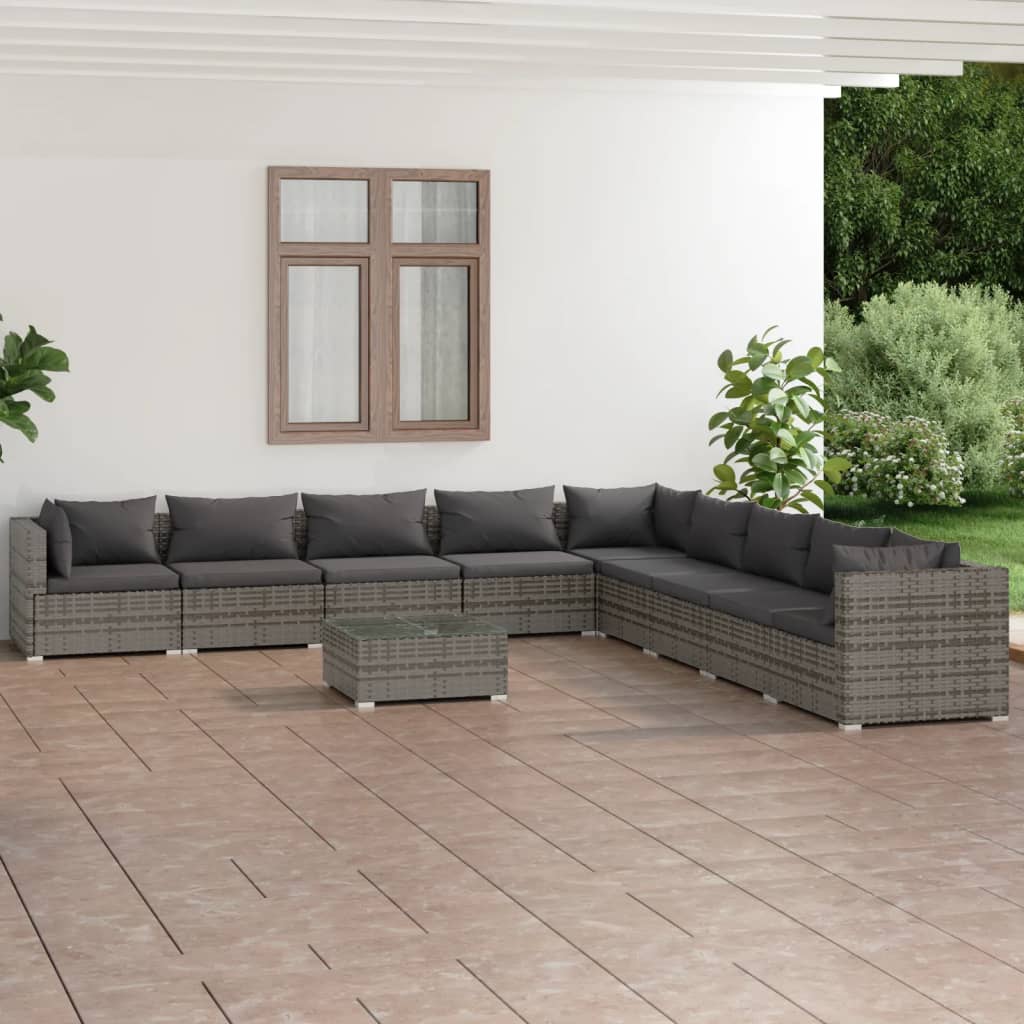 10-delige Loungeset met kussens poly rattan grijs is nu te koop bij PeponiXL, paradijselijk wonen!