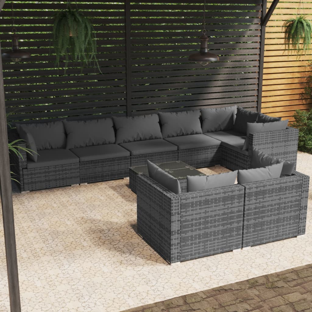 9-delige Loungeset met kussens poly rattan grijs is nu te koop bij PeponiXL, paradijselijk wonen!