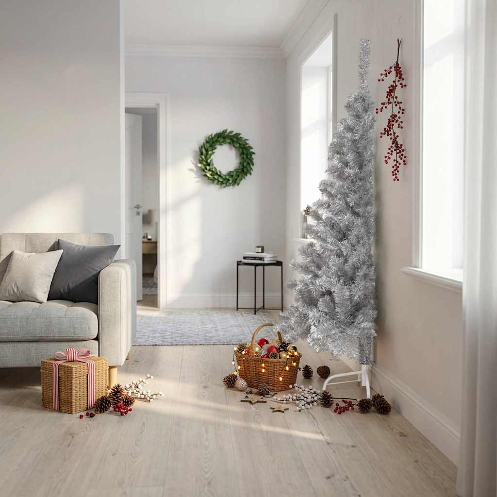 Kunstkerstboom half met standaard 180 cm PET zilverkleurig is nu te koop bij PeponiXL, paradijselijk wonen!