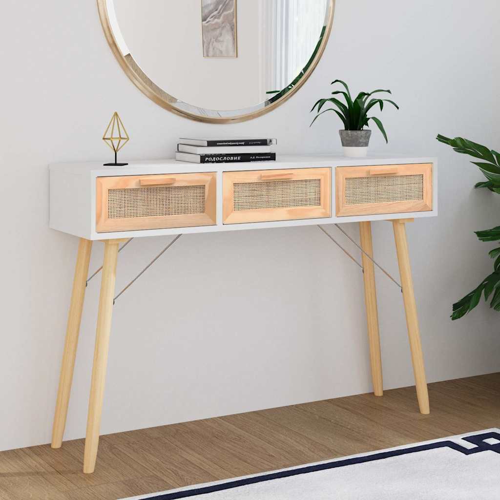 Wandtafel 105x30x75 cm massief grenenhout en natuurlijk rattan is nu te koop bij PeponiXL, paradijselijk wonen!