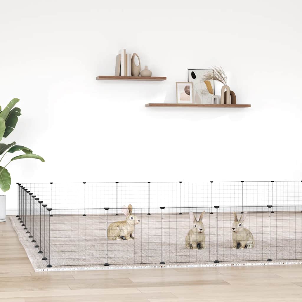 Huisdierenkooi met deur 44 panelen 35x35 cm staal zwart is nu te koop bij PeponiXL, paradijselijk wonen!