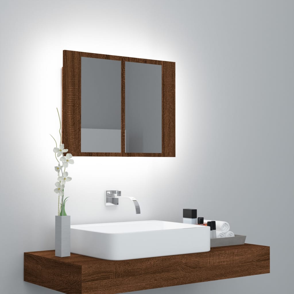 Spiegelkast LED 60x12x45 cm bewerkt hout bruin eikenkleur is nu te koop bij PeponiXL, paradijselijk wonen!