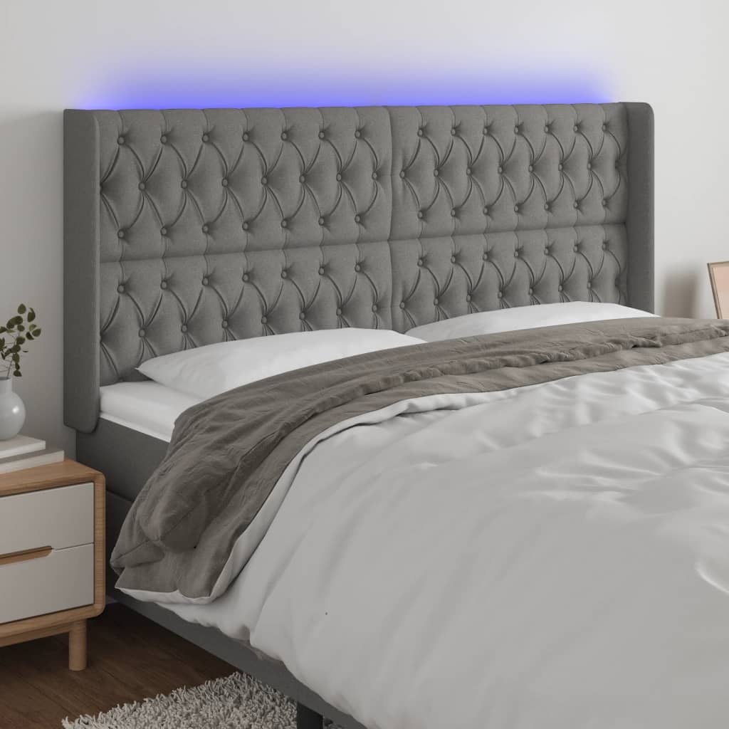 Hoofdbord LED 203x16x118/128 cm stof donkergrijs is nu te koop bij PeponiXL, paradijselijk wonen!