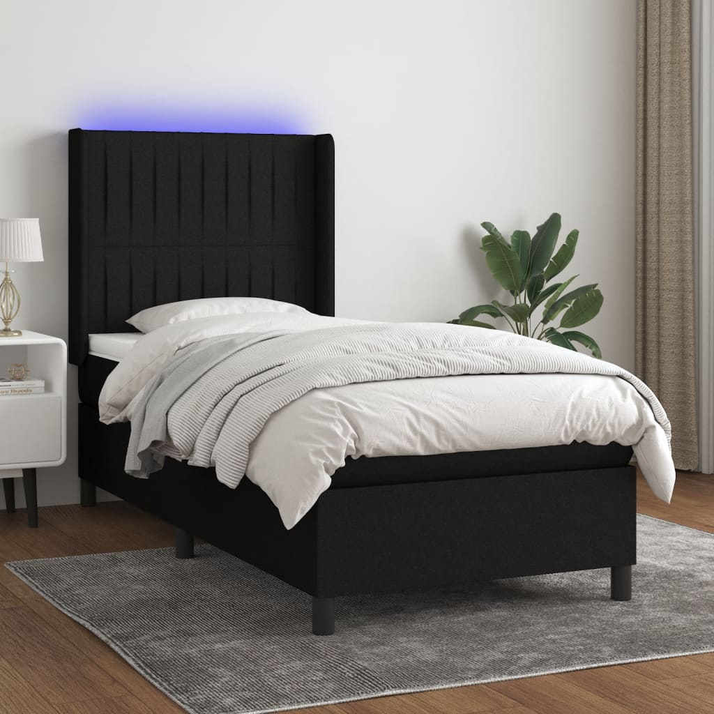 Boxspring met matras en LED stof zwart 90x190 cm is nu te koop bij PeponiXL, paradijselijk wonen!