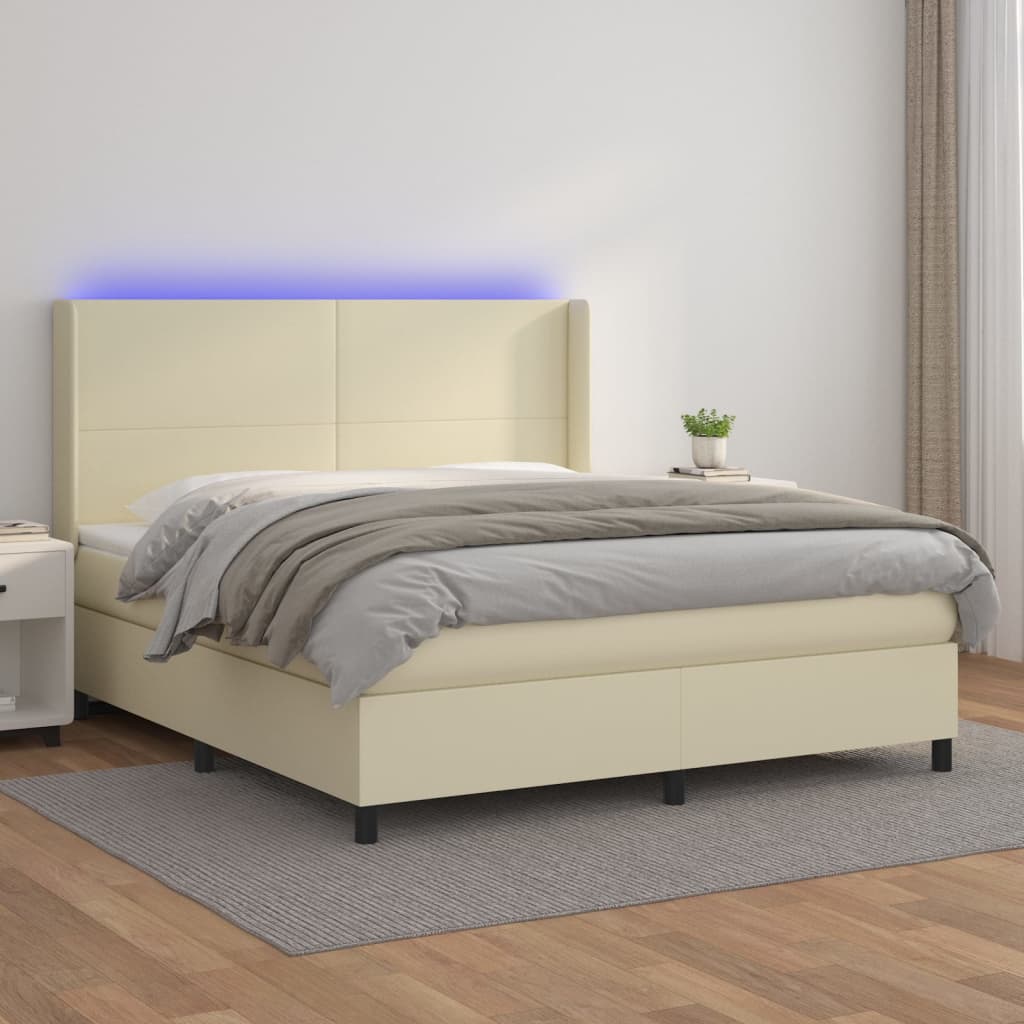 Boxspring met matras en LED kunstleer crèmekleurig 160x200 cm is nu te koop bij PeponiXL, paradijselijk wonen!