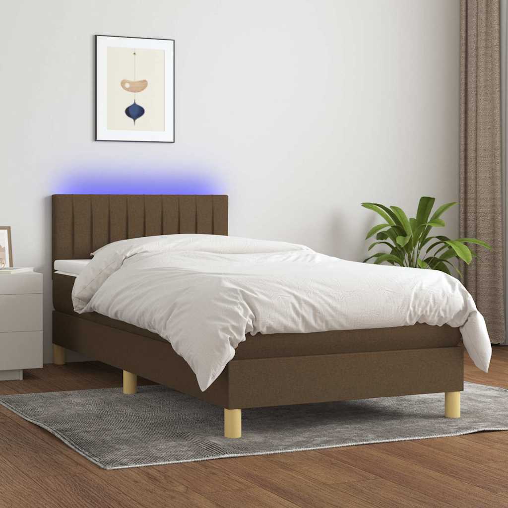 Boxspring met matras en LED stof donkerbruin 90x190 cm is nu te koop bij PeponiXL, paradijselijk wonen!