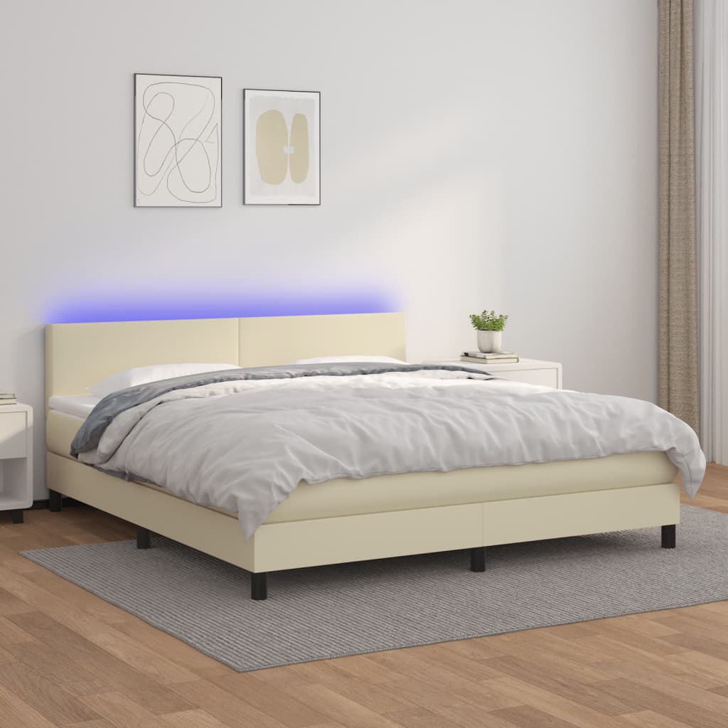 Boxspring met matras en LED kunstleer crèmekleurig 160x200 cm is nu te koop bij PeponiXL, paradijselijk wonen!