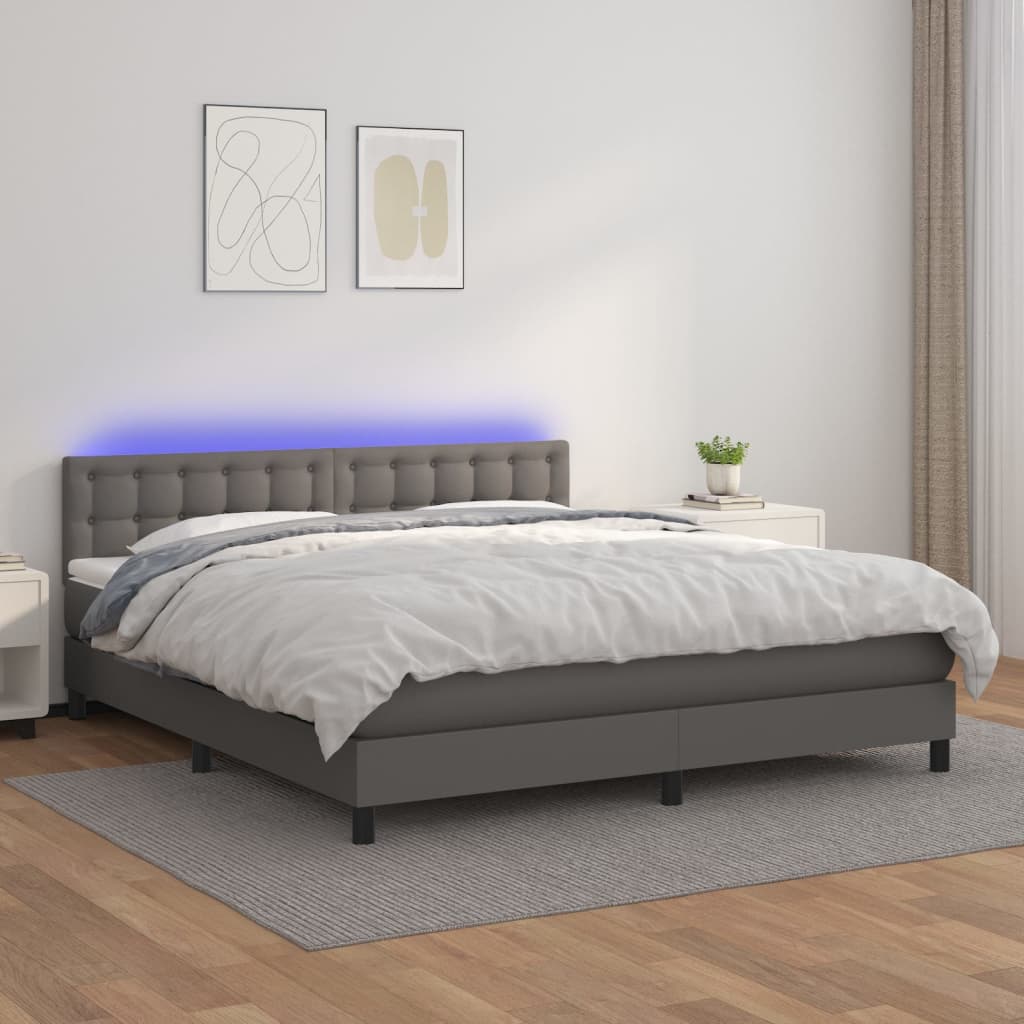 Boxspring met matras en LED kunstleer grijs 160x200 cm is nu te koop bij PeponiXL, paradijselijk wonen!