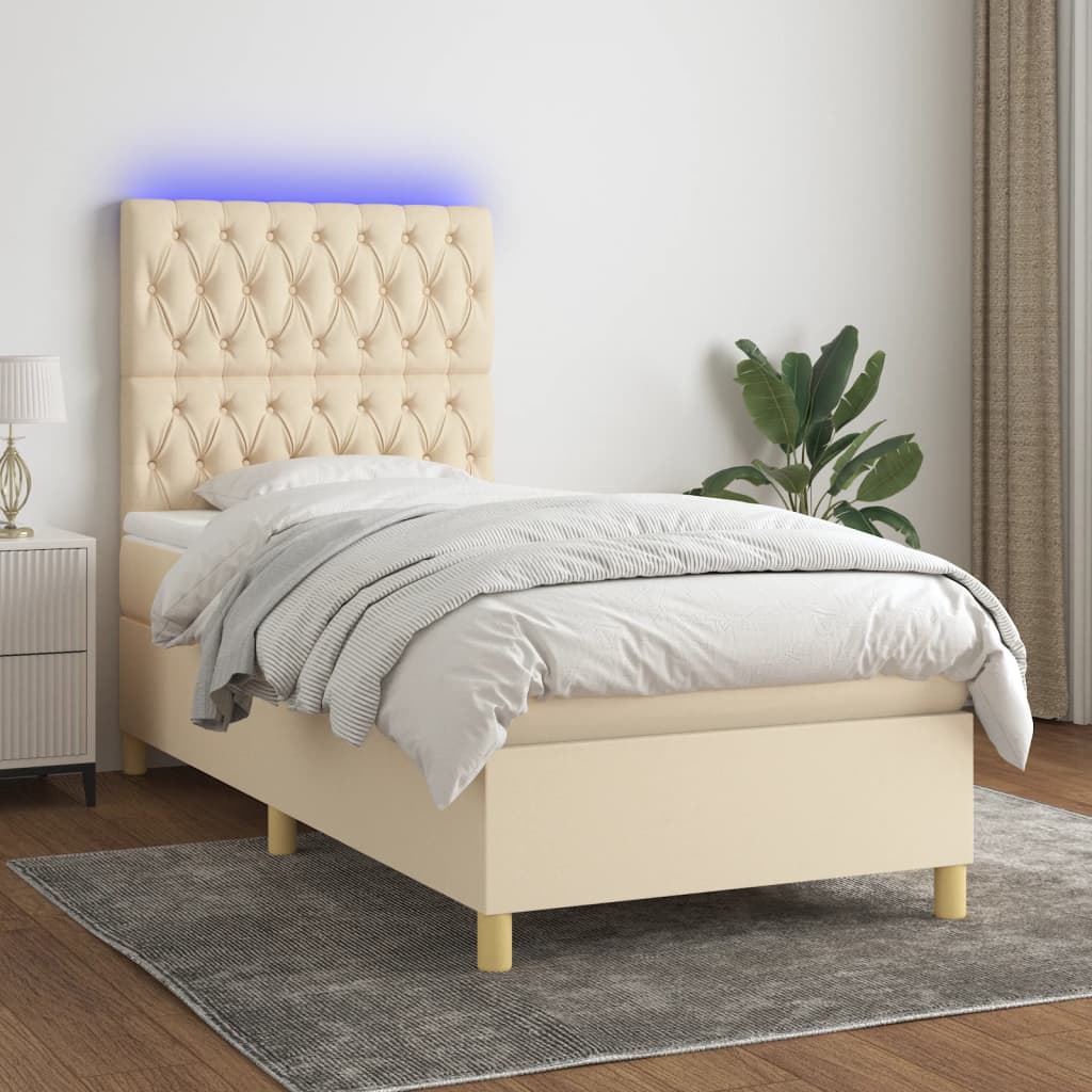 Boxspring met matras en LED stof crèmekleurig 90x190 cm is nu te koop bij PeponiXL, paradijselijk wonen!
