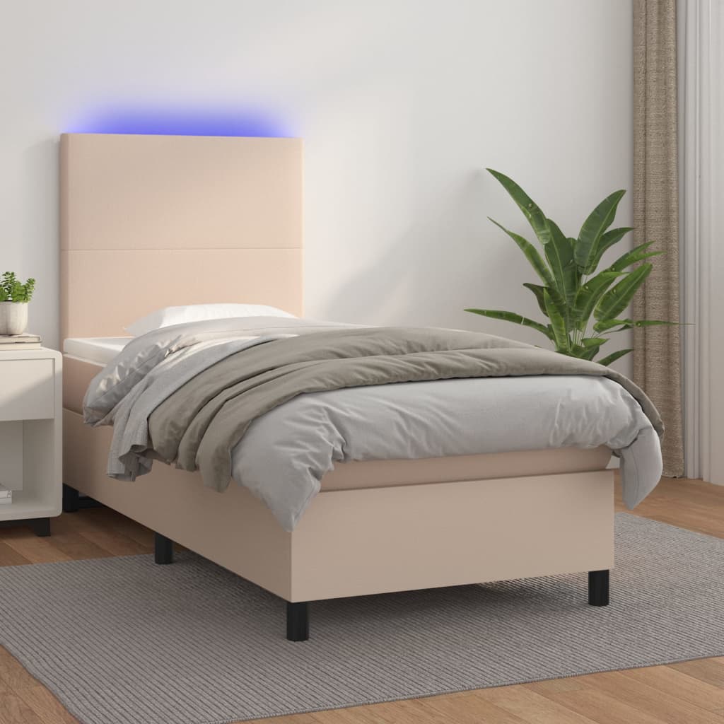 Boxspring met matras en LED kunstleer cappuccinokleur 80x200 cm is nu te koop bij PeponiXL, paradijselijk wonen!
