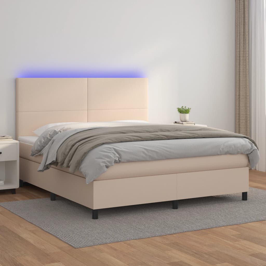 Boxspring met matras en LED kunstleer cappuccinokleur 180x200cm is nu te koop bij PeponiXL, paradijselijk wonen!