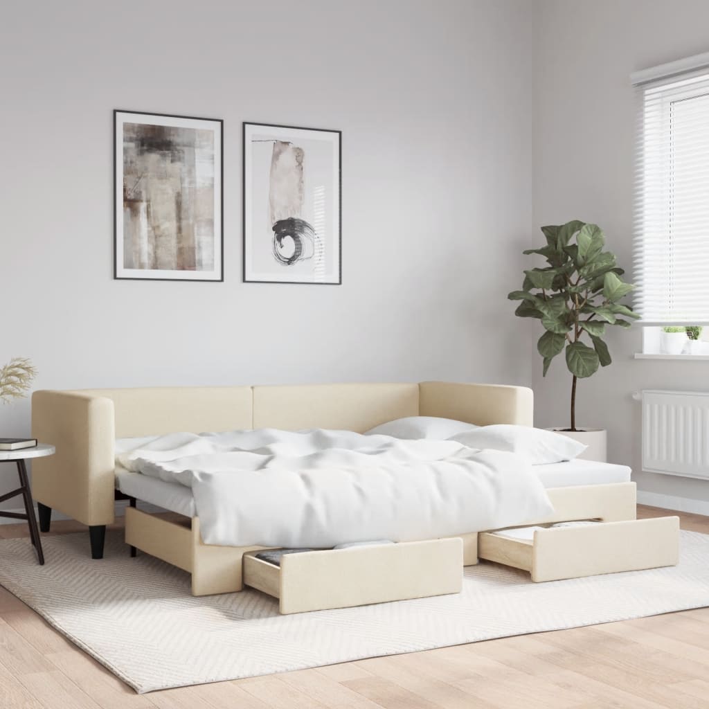 Slaapbank met onderschuifbed en lades 80x200 cm stof crèmekleur is nu te koop bij PeponiXL, paradijselijk wonen!