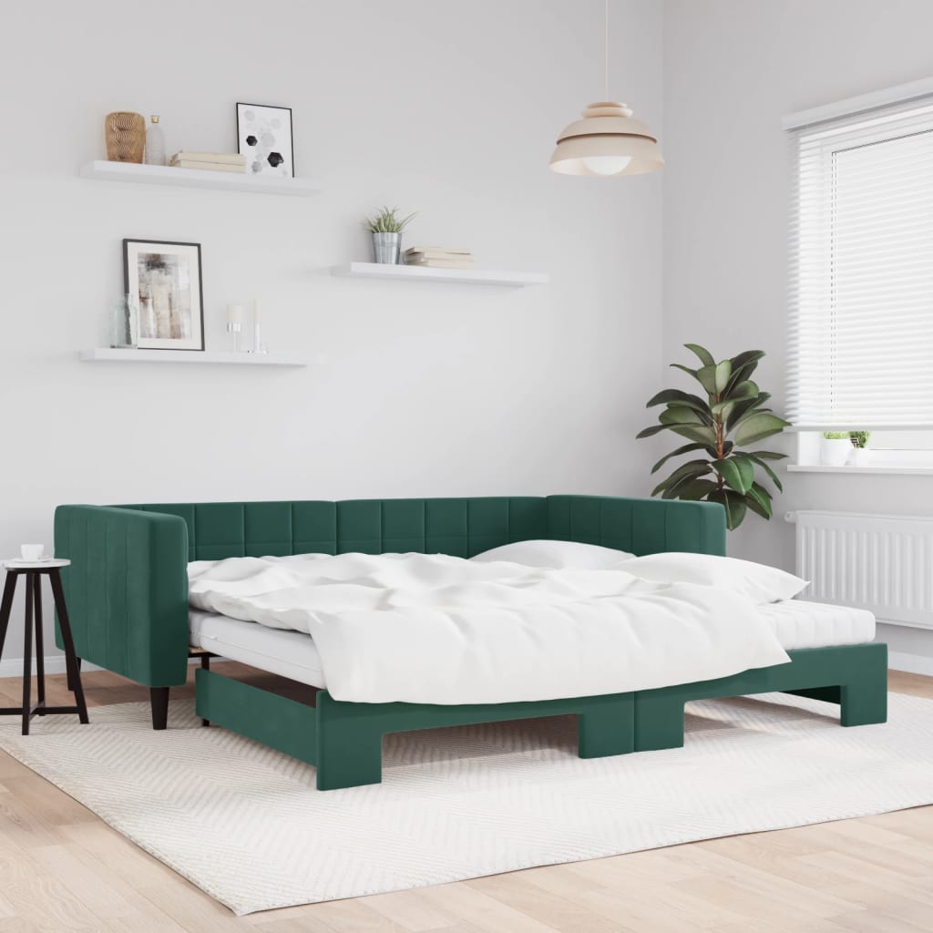 Slaapbank onderschuifbed matrassen 100x200cm fluweeldonkergroen is nu te koop bij PeponiXL, paradijselijk wonen!