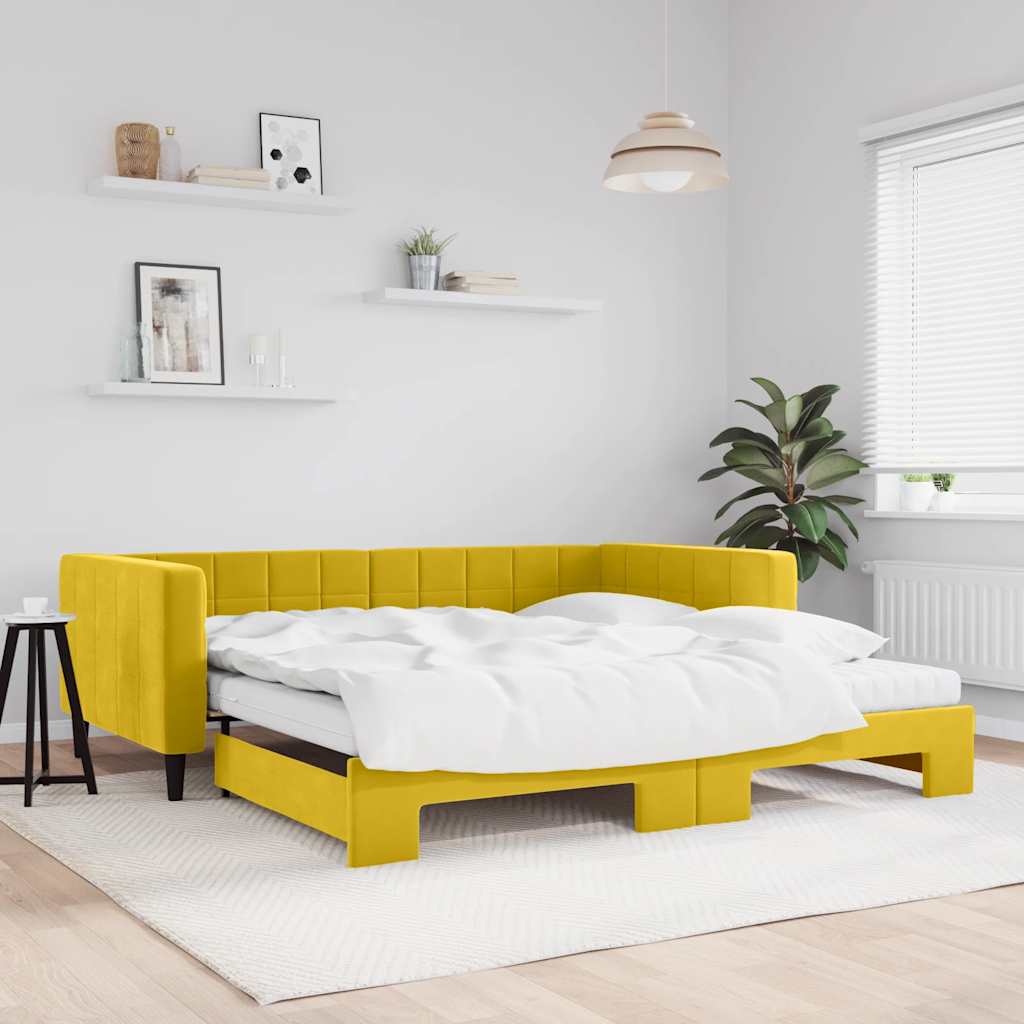 Slaapbank onderschuifbed en matrassen 100x200 cm fluweel geel is nu te koop bij PeponiXL, paradijselijk wonen!