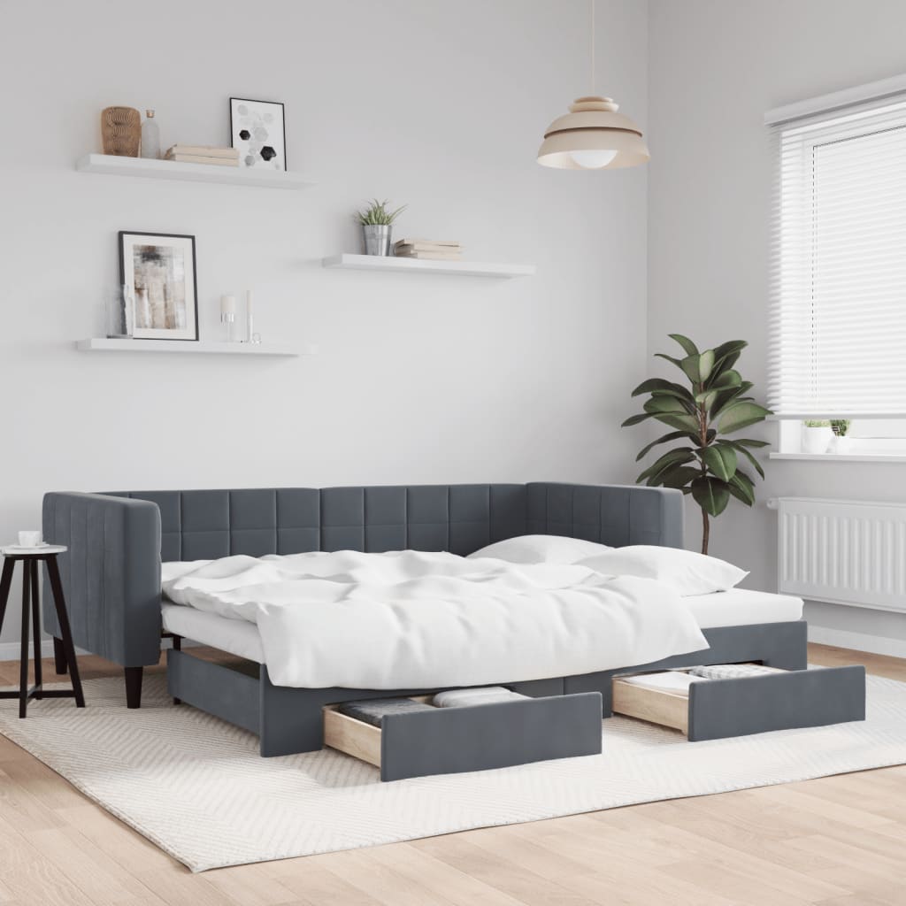 Slaapbank onderschuifbed en lades 90x190 cm fluweel donkergrijs is nu te koop bij PeponiXL, paradijselijk wonen!