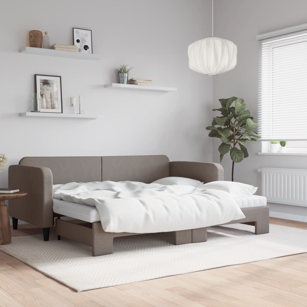 Slaapbank met onderschuifbed en matrassen 90x200 cm stof taupe is nu te koop bij PeponiXL, paradijselijk wonen!