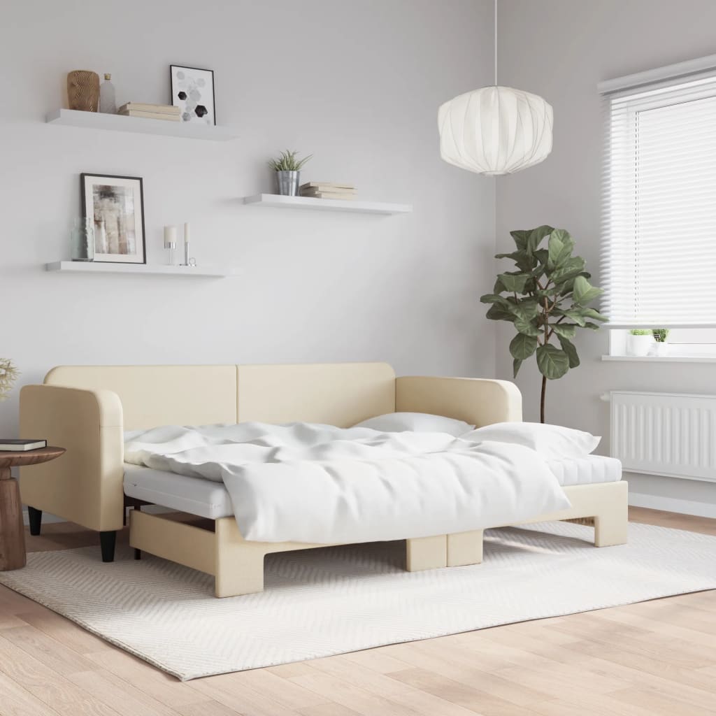 Slaapbank met onderschuifbed en matrassen 90x200 cm stof crème is nu te koop bij PeponiXL, paradijselijk wonen!