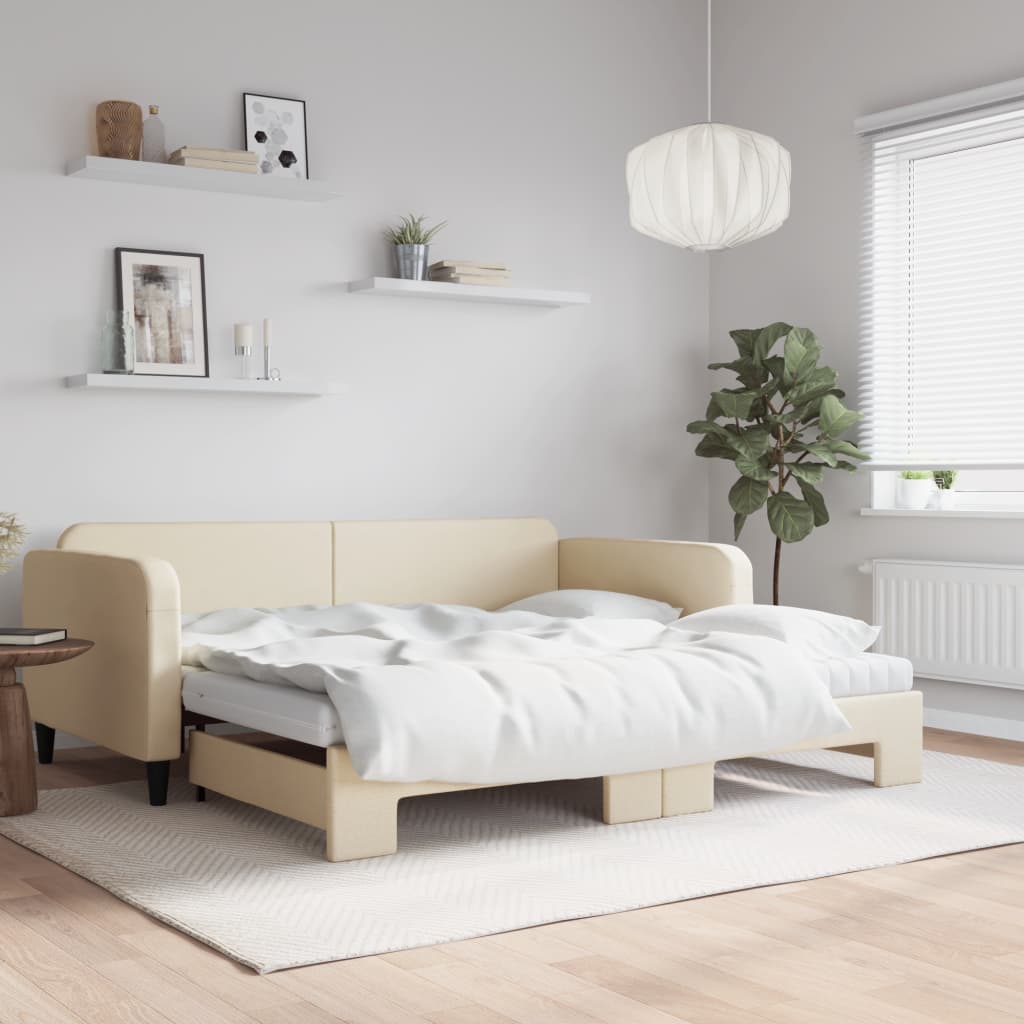 Slaapbank met onderschuifbed en matrassen 100x200 cm stof crème is nu te koop bij PeponiXL, paradijselijk wonen!