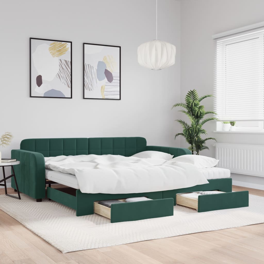 Slaapbank onderschuifbed lades 100x200 cm fluweel donkergroen is nu te koop bij PeponiXL, paradijselijk wonen!