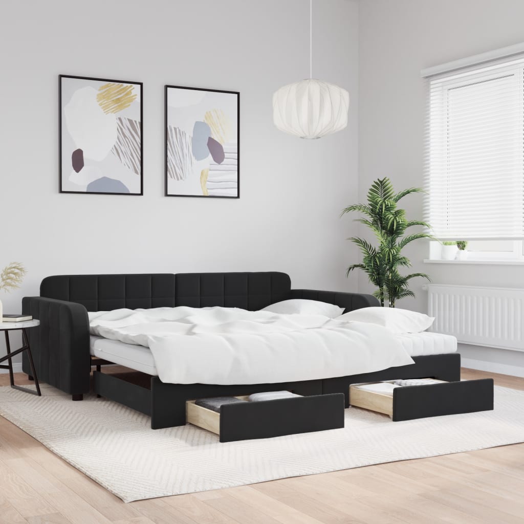Slaapbank met onderschuifbed en lades 100x200 cm fluweel zwart is nu te koop bij PeponiXL, paradijselijk wonen!