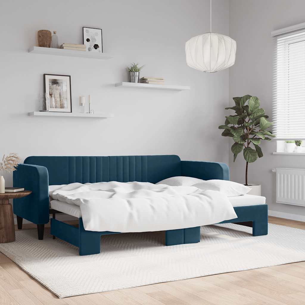 Slaapbank met onderschuifbed 80x200 cm fluweel blauw is nu te koop bij PeponiXL, paradijselijk wonen!