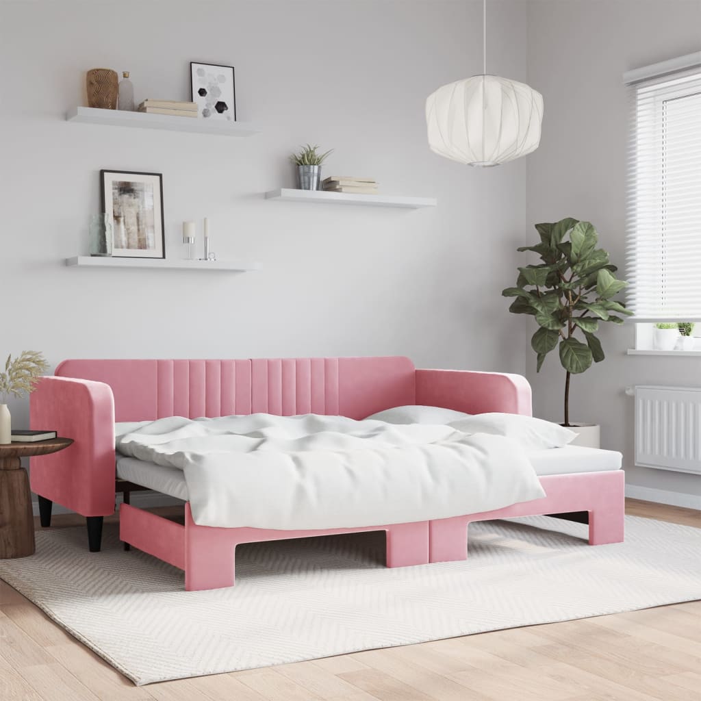 Slaapbank met onderschuifbed 90x200 cm fluweel roze is nu te koop bij PeponiXL, paradijselijk wonen!