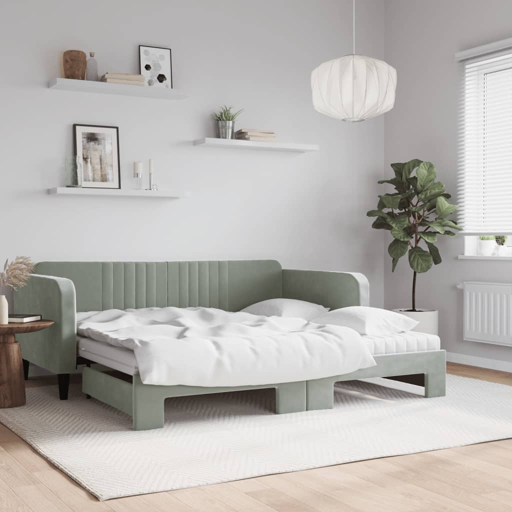 Slaapbank onderschuifbed matrassen 100x200cm fluweel lichtgrijs is nu te koop bij PeponiXL, paradijselijk wonen!