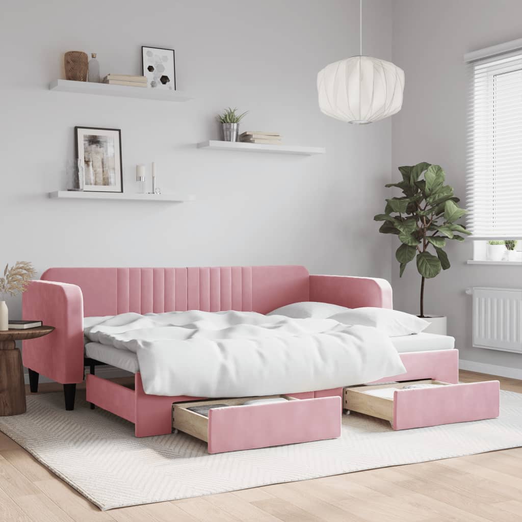 Slaapbank met onderschuifbed en lades 80x200 cm fluweel roze is nu te koop bij PeponiXL, paradijselijk wonen!