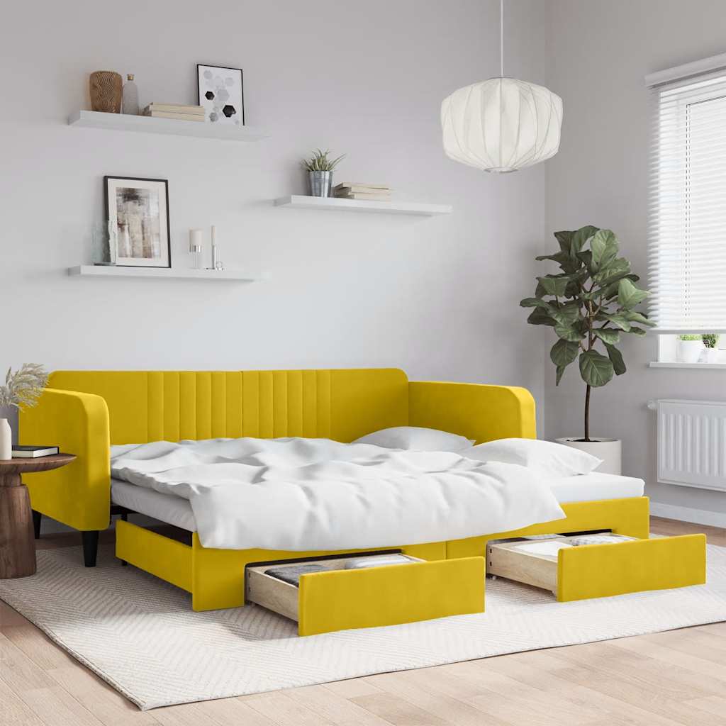 Slaapbank met onderschuifbed en lades 100x200 cm fluweel geel is nu te koop bij PeponiXL, paradijselijk wonen!