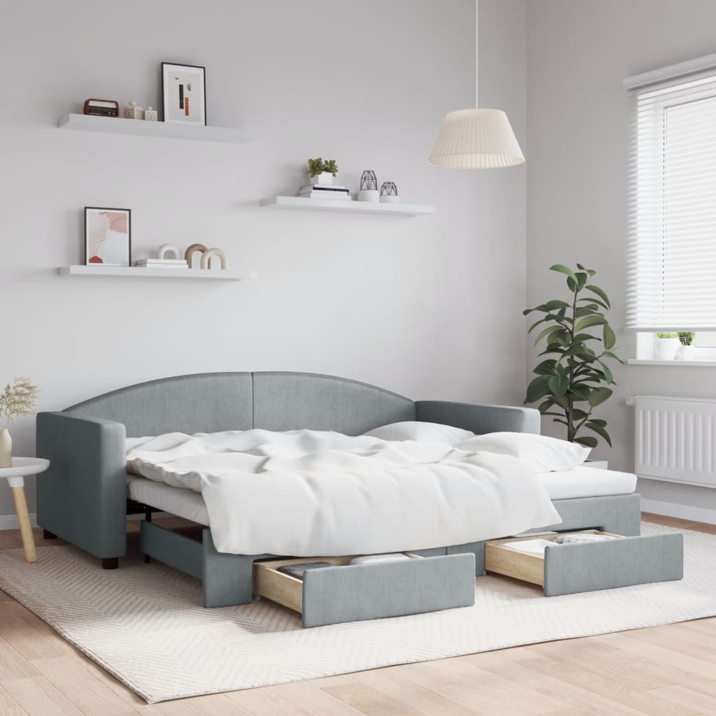 Slaapbank met onderschuifbed en lades 90x190 cm stof lichtgrijs is nu te koop bij PeponiXL, paradijselijk wonen!