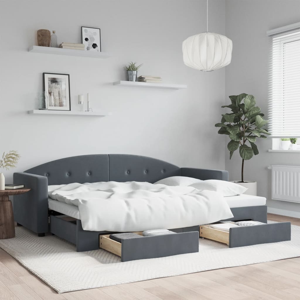 Slaapbank onderschuifbed en lades 80x200 cm fluweel donkergrijs is nu te koop bij PeponiXL, paradijselijk wonen!
