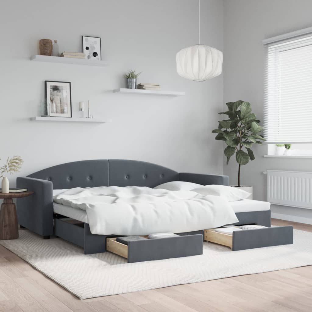 Slaapbank onderschuifbed en lades 90x190 cm fluweel donkergrijs is nu te koop bij PeponiXL, paradijselijk wonen!