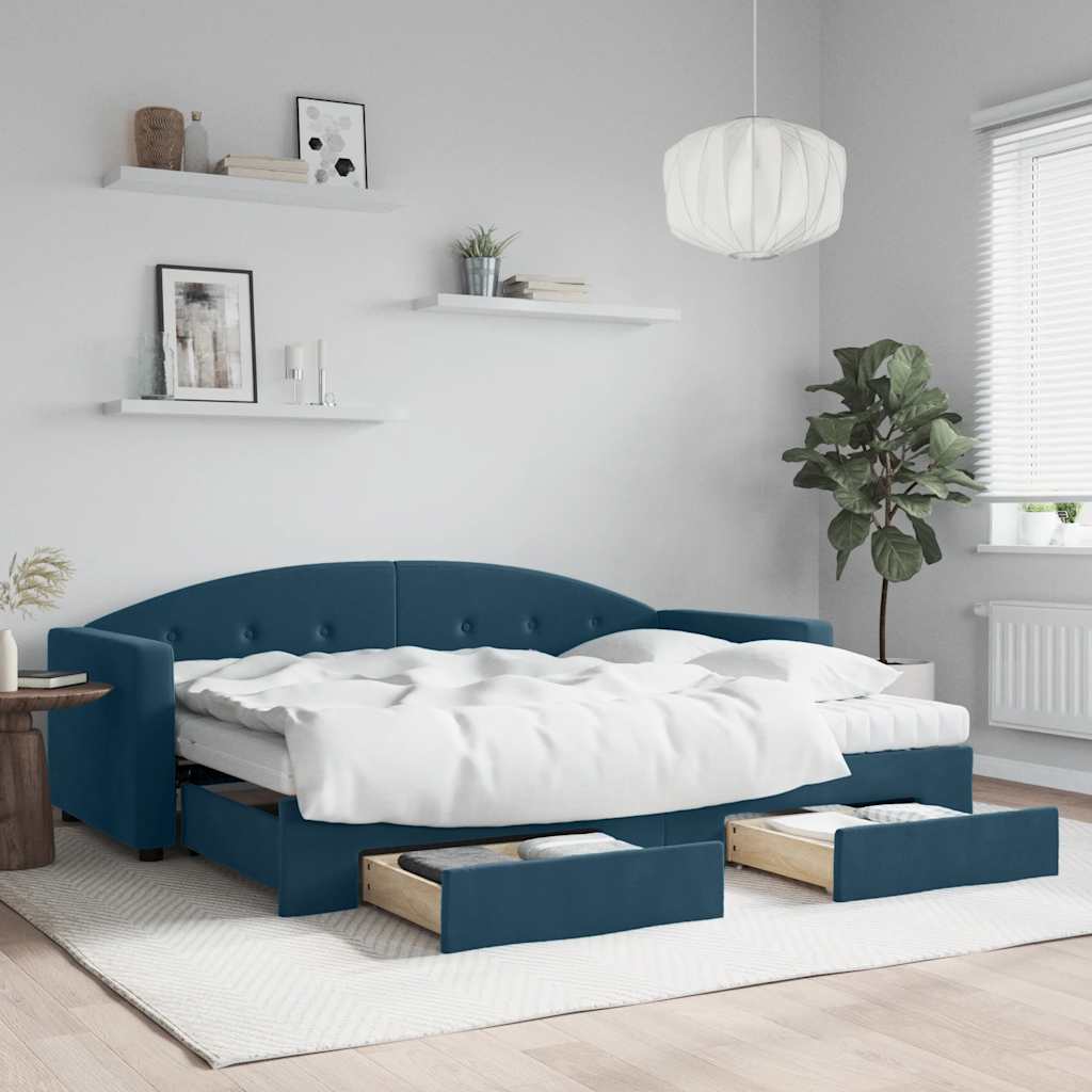 Slaapbank met onderschuifbed en lades 80x200 cm fluweel blauw is nu te koop bij PeponiXL, paradijselijk wonen!