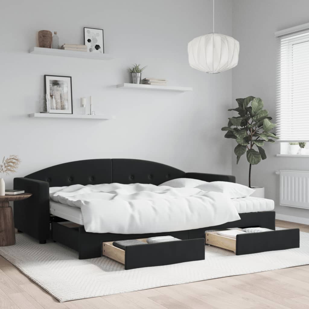 Slaapbank met onderschuifbed en lades 80x200 cm fluweel zwart is nu te koop bij PeponiXL, paradijselijk wonen!
