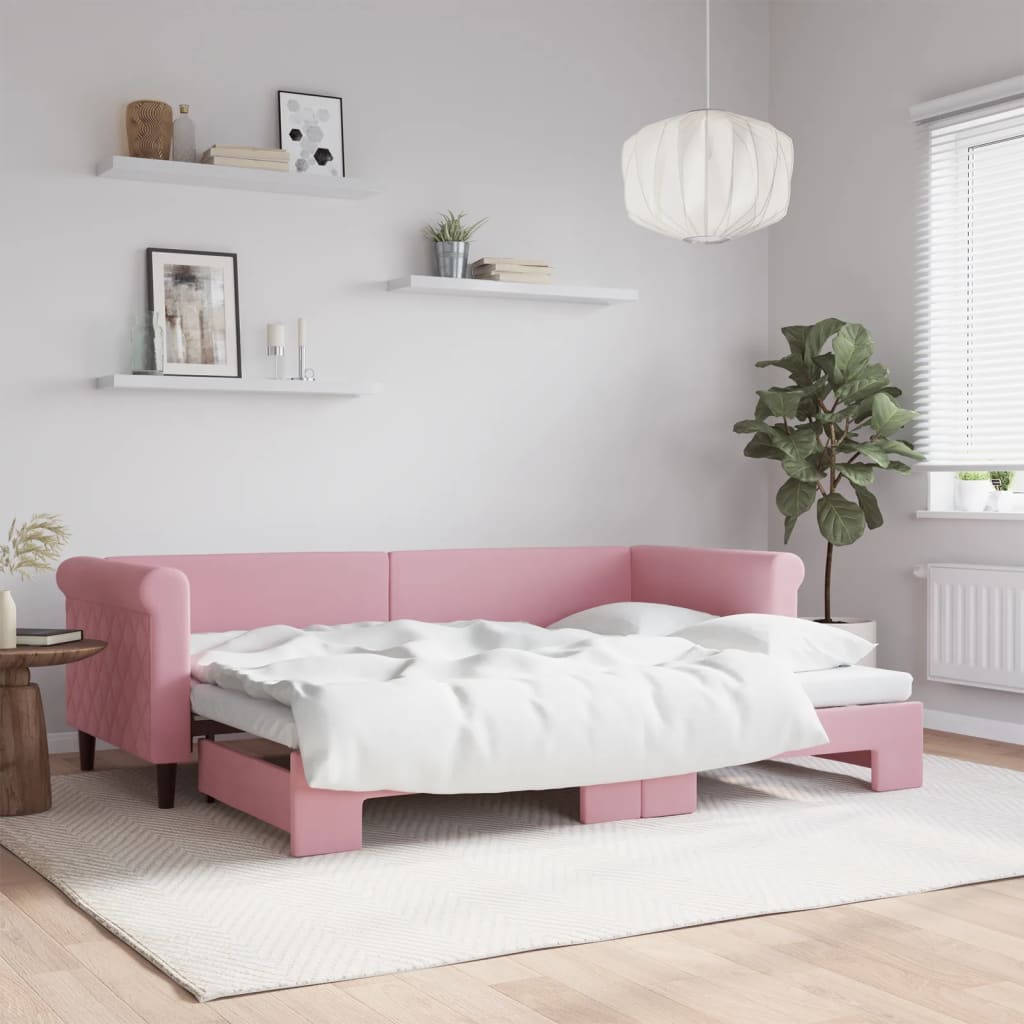 Slaapbank met onderschuifbed 80x200 cm fluweel roze is nu te koop bij PeponiXL, paradijselijk wonen!