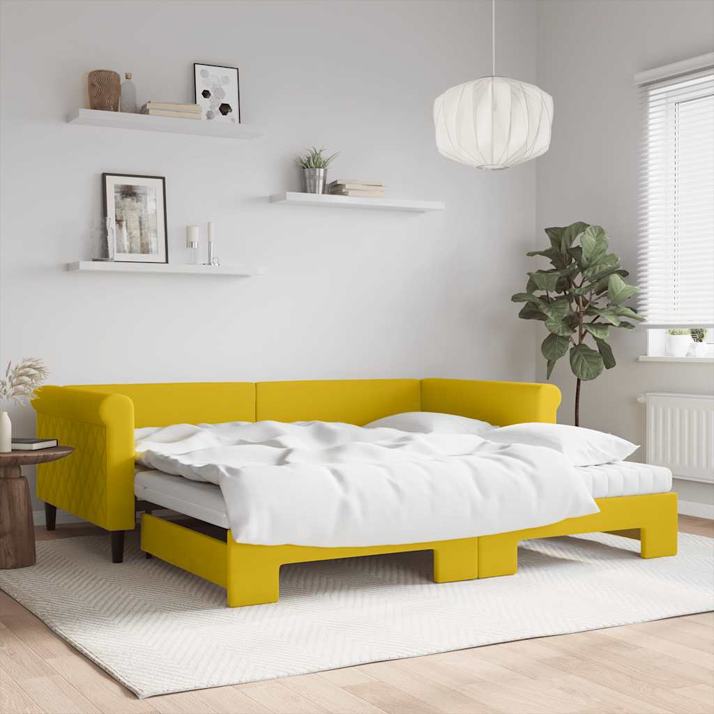 vidaXL Slaapbank onderschuifbed en matrassen 100x200 cm fluweel geel