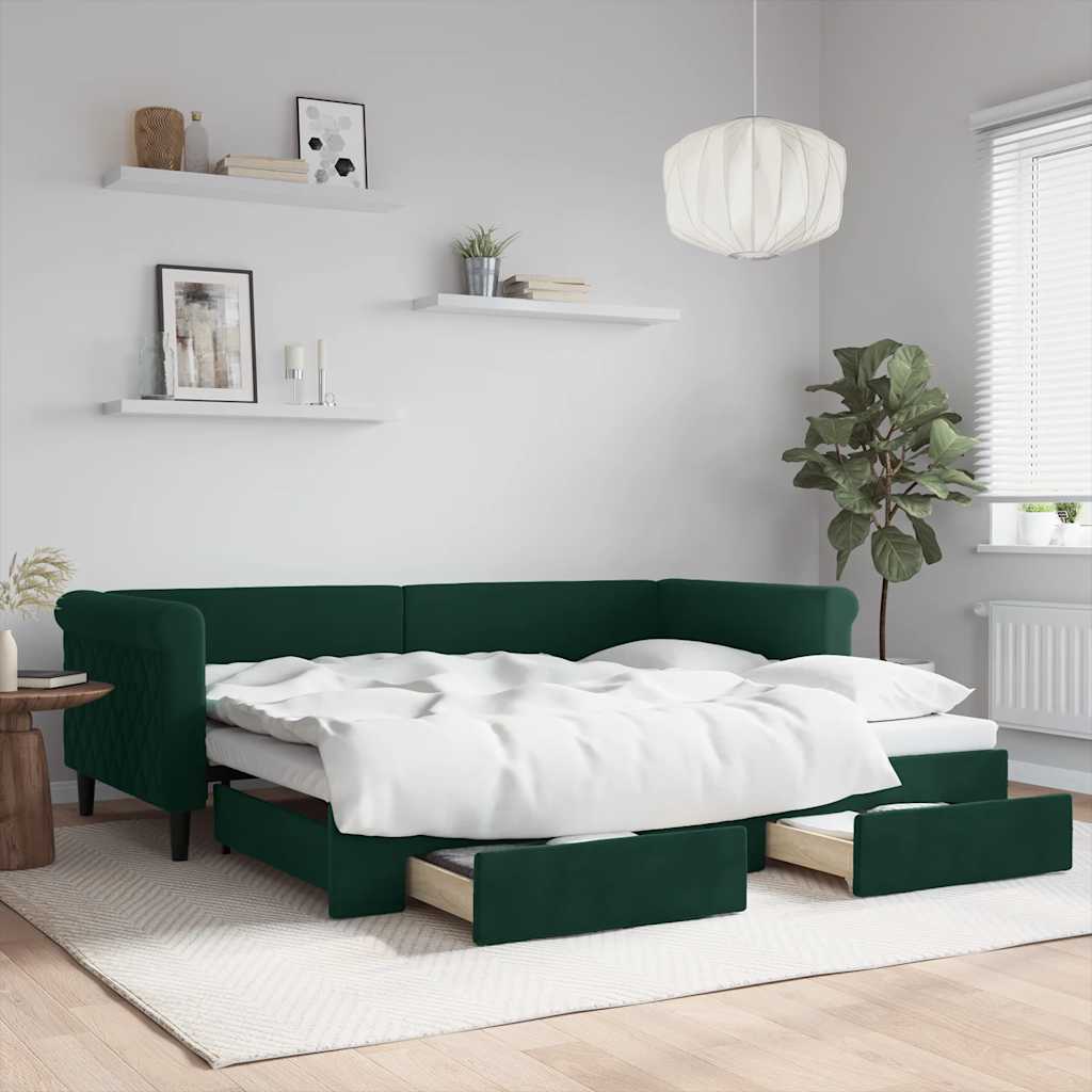 Slaapbank onderschuifbed en lades 90x200 cm fluweel donkergroen is nu te koop bij PeponiXL, paradijselijk wonen!