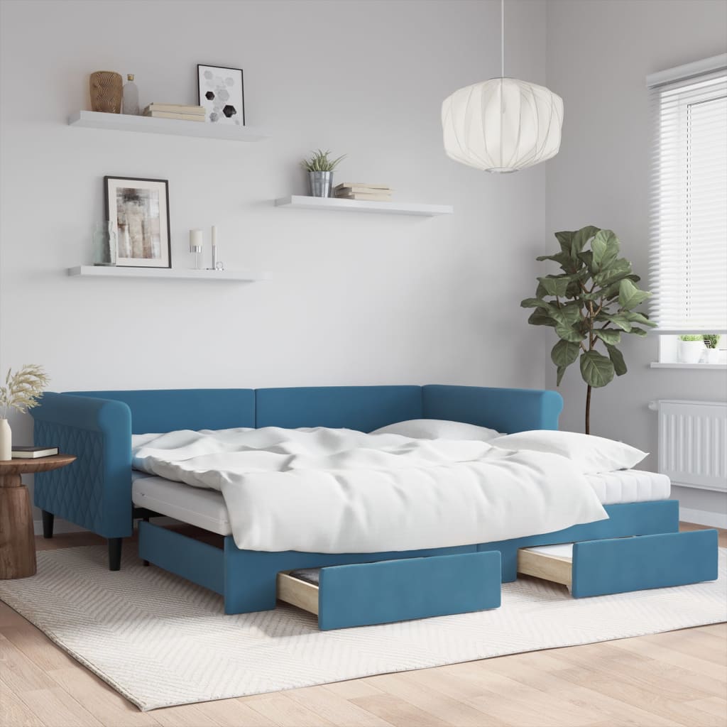 Slaapbank met onderschuifbed en lades 100x200 cm fluweel blauw is nu te koop bij PeponiXL, paradijselijk wonen!