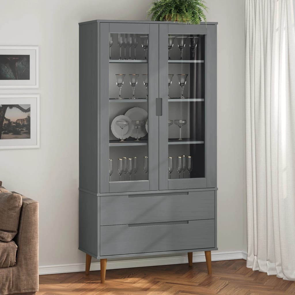 Vitrinekast MOLDE 90x35x175 cm massief grenenhout grijs is nu te koop bij PeponiXL, paradijselijk wonen!