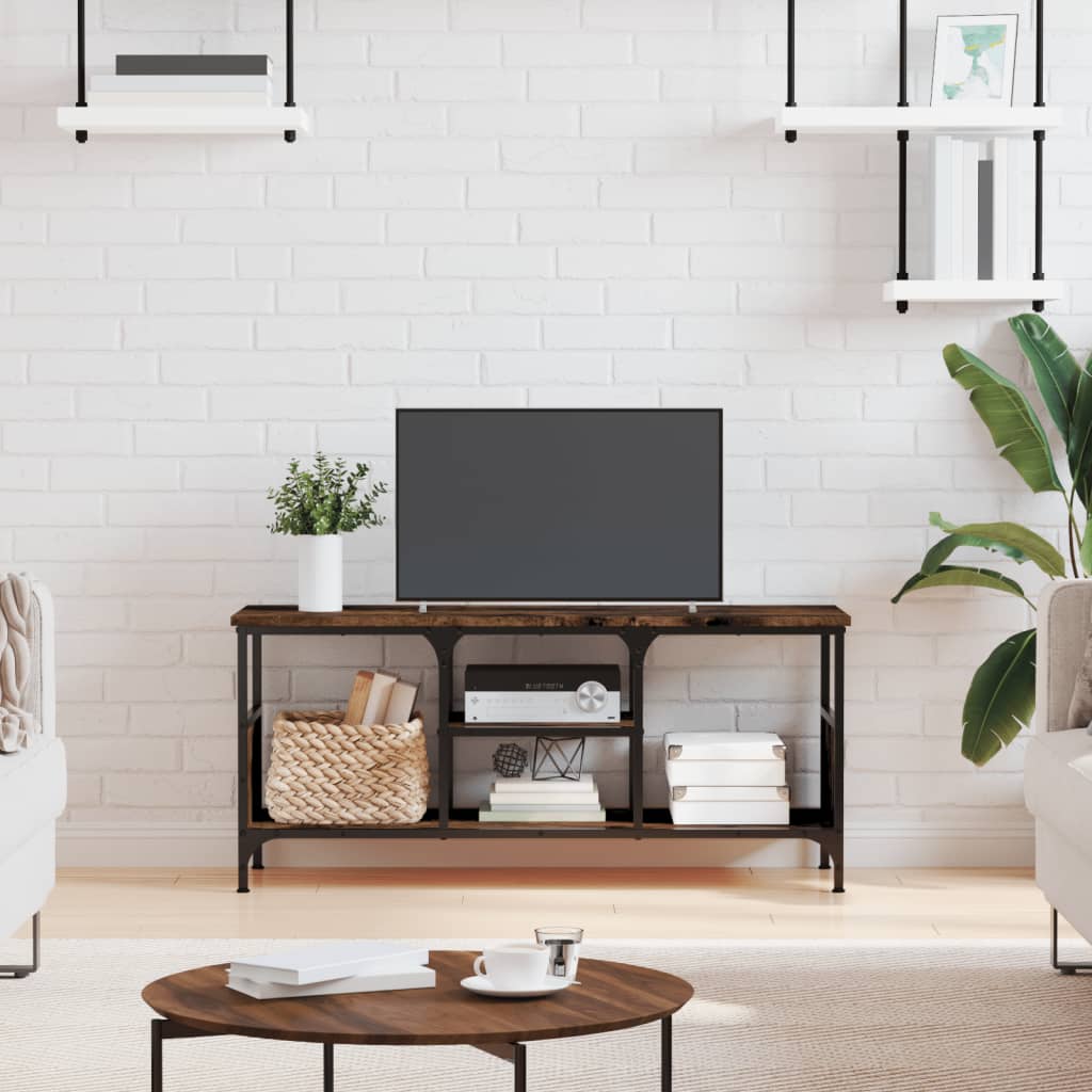 Tv-meubel 100x35x45 cm bewerkt hout en ijzer gerookt eikenkleur is nu te koop bij PeponiXL, paradijselijk wonen!