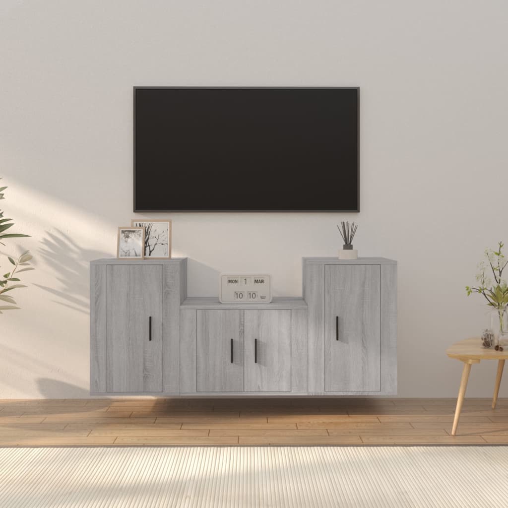 3-delige Tv-meubelset bewerkt hout grijs sonoma eikenkleurig is nu te koop bij PeponiXL, paradijselijk wonen!