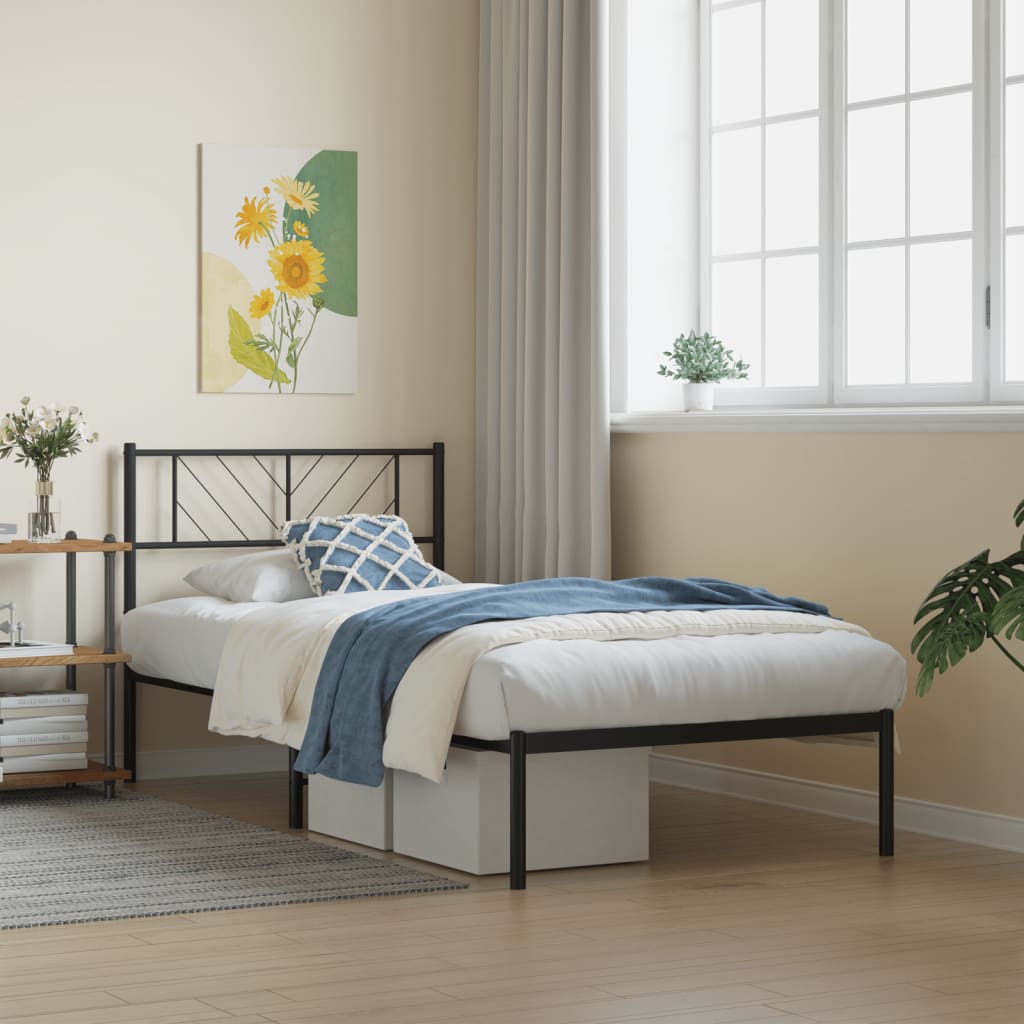 Bedframe met hoofdbord metaal zwart 90x190 cm is nu te koop bij PeponiXL, paradijselijk wonen!