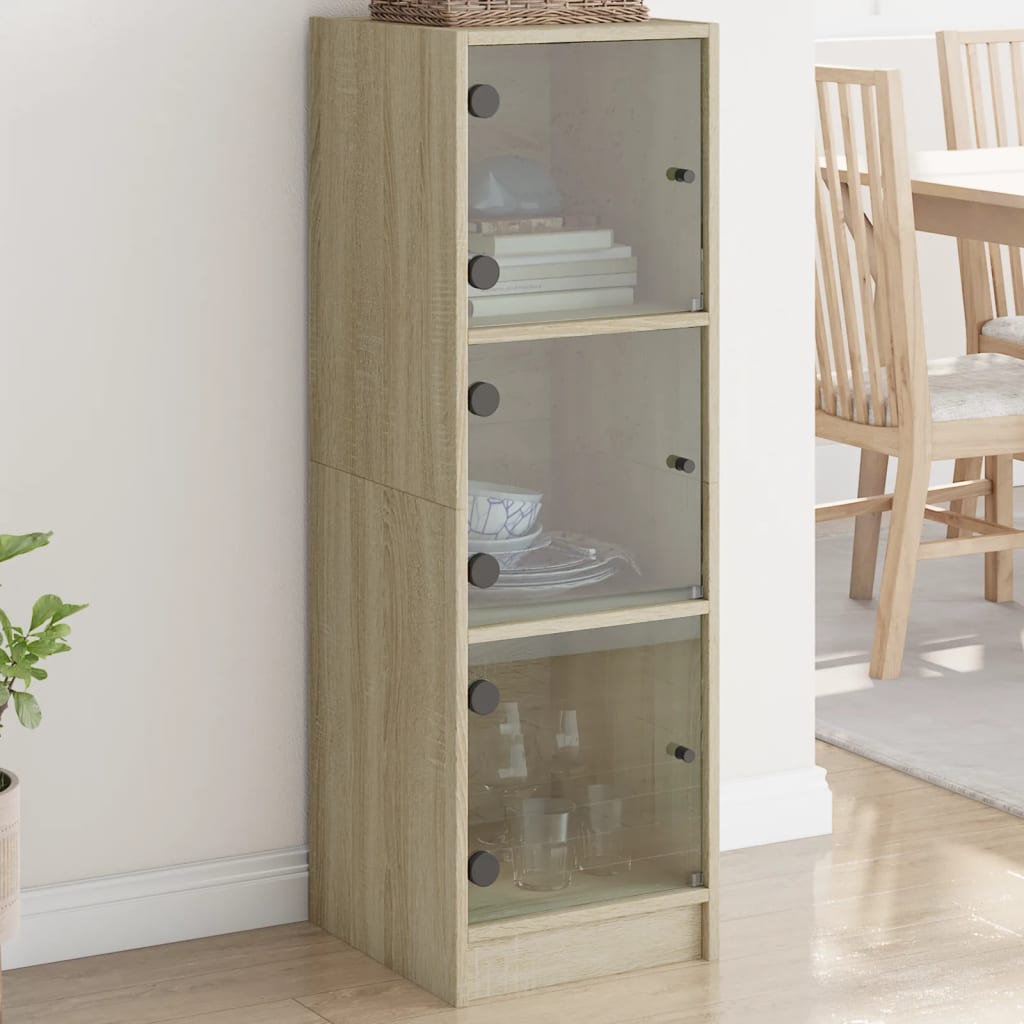 Hoge kast met glazen deuren 35x37x109 cm sonoma eikenkleurig is nu te koop bij PeponiXL, paradijselijk wonen!