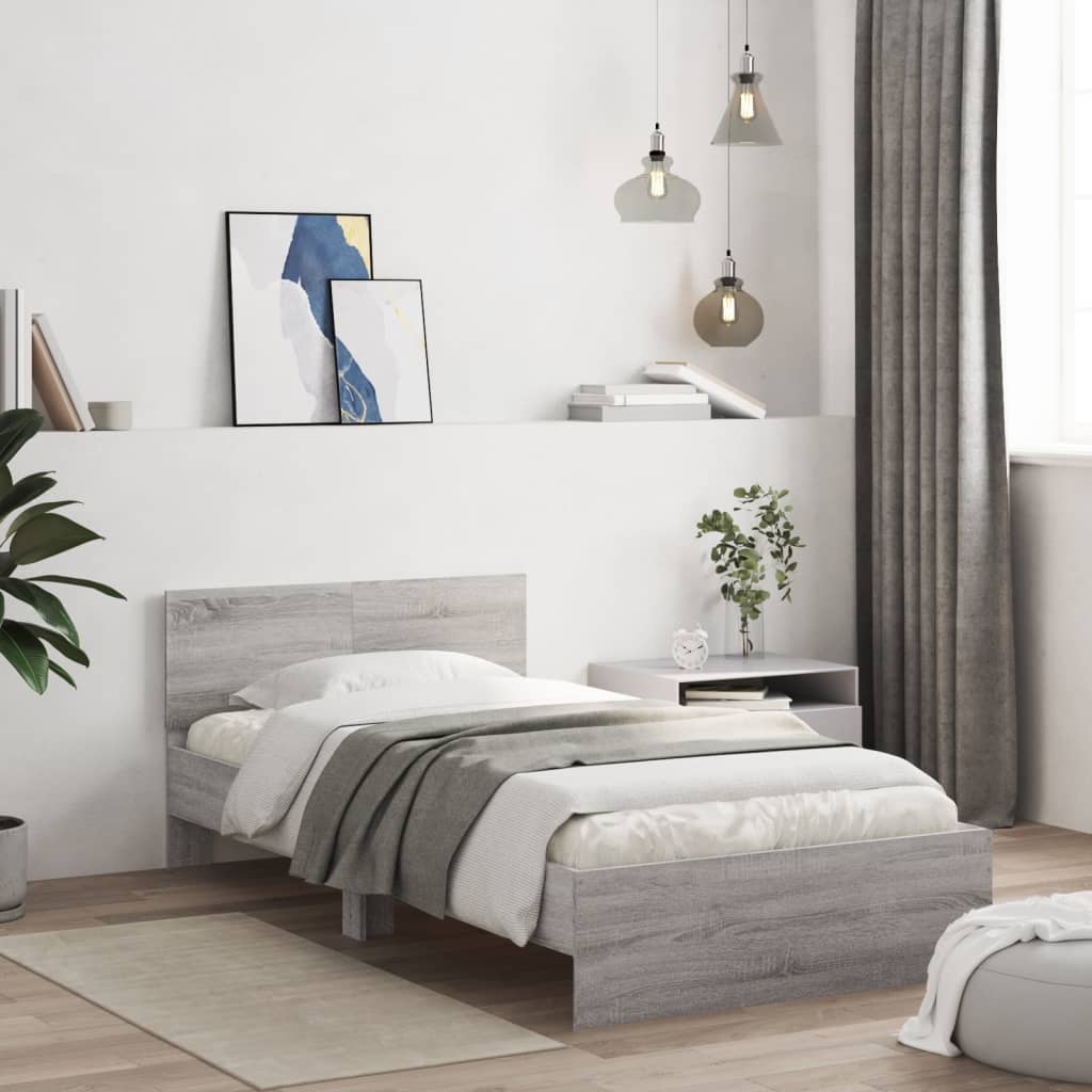Bedframe met hoofdeinde bewerkt hout grijs sonoma 100x200 cm is nu te koop bij PeponiXL, paradijselijk wonen!