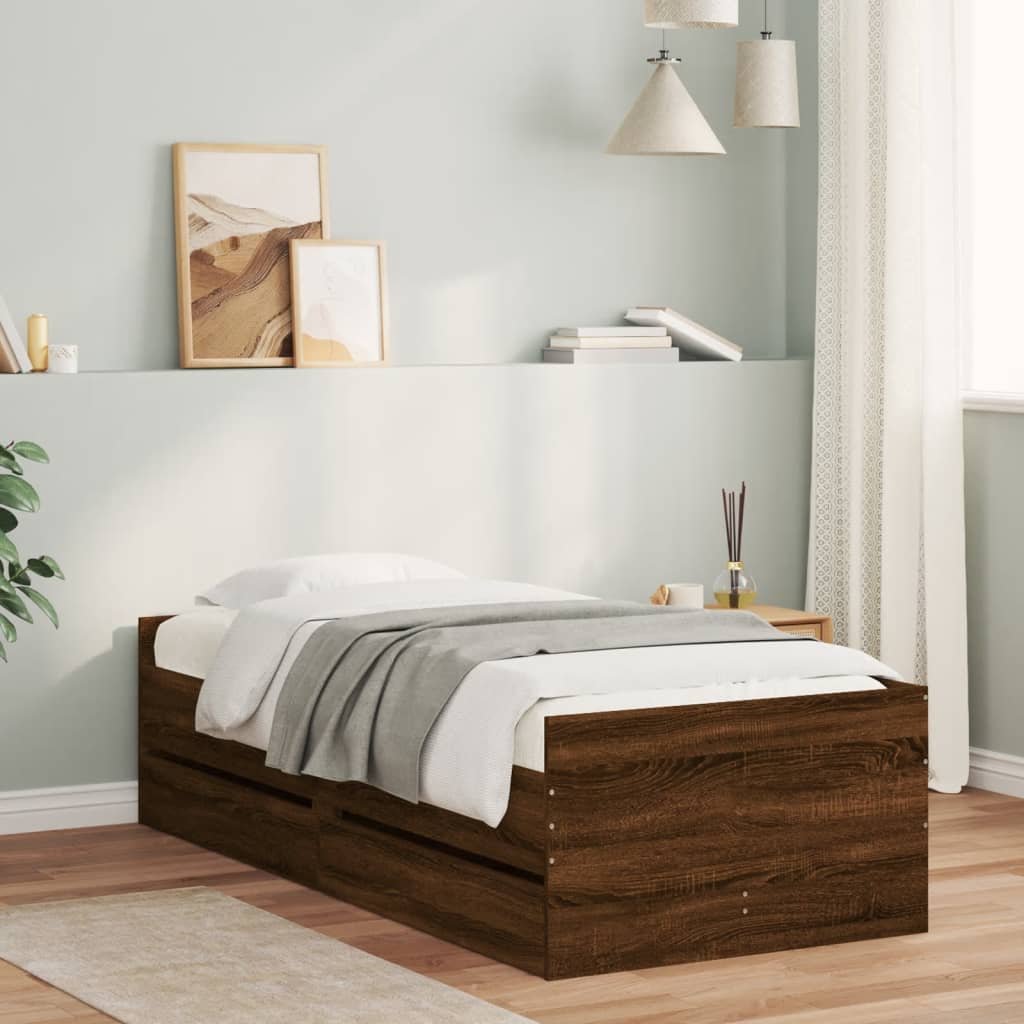 Bedframe met lades bruin eikenkleur 75x190 cm Small Single is nu te koop bij PeponiXL, paradijselijk wonen!
