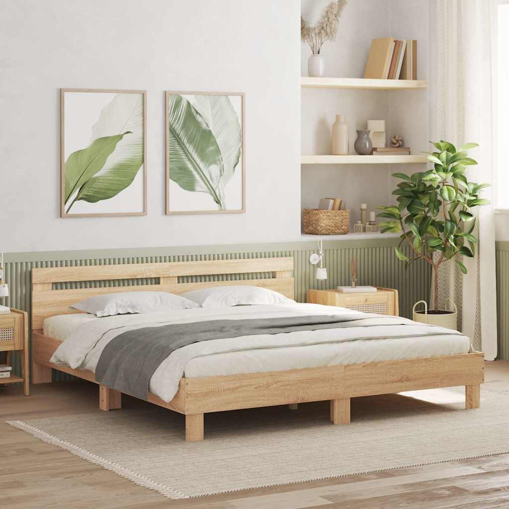 Bedframe met hoofdeinde bewerkt hout sonoma eiken 200x200 cm is nu te koop bij PeponiXL, paradijselijk wonen!