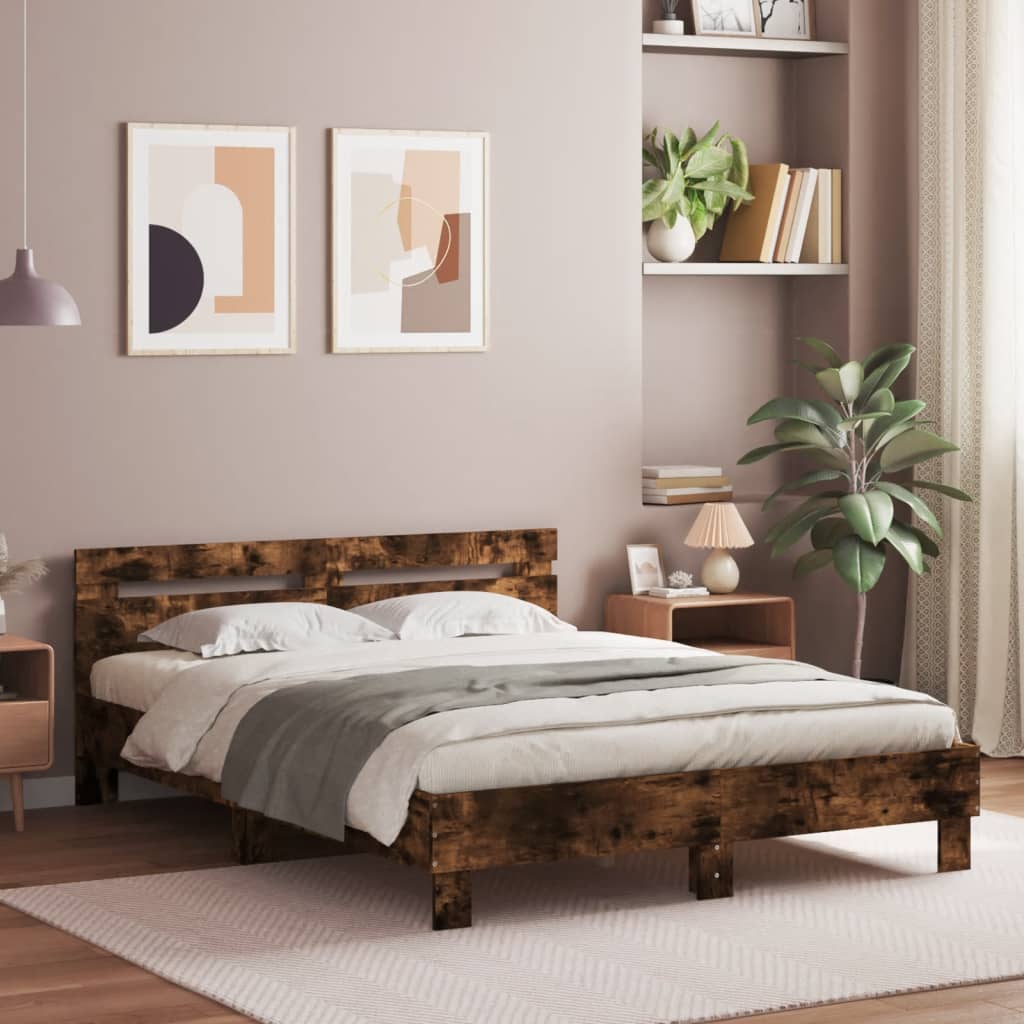 Bedframe met hoofdeinde bewerkt hout gerookt eiken 140x200 cm is nu te koop bij PeponiXL, paradijselijk wonen!