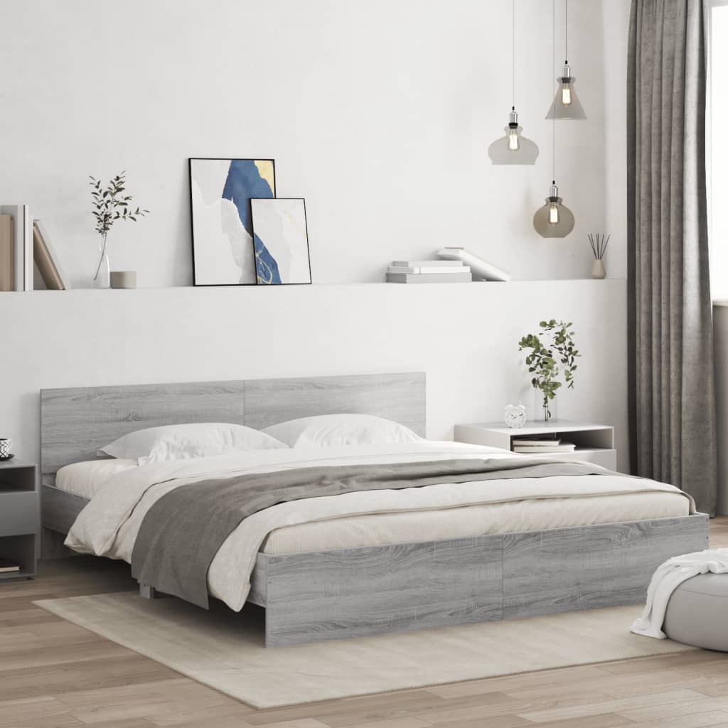 Bedframe met hoofdeinde grijs sonoma eikenkleurig 180x200 cm is nu te koop bij PeponiXL, paradijselijk wonen!